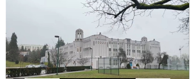 News image showing Point Grey Secondary School in Vancouver with headline about B.C. government considering AED mandate in schools after student advocacy.